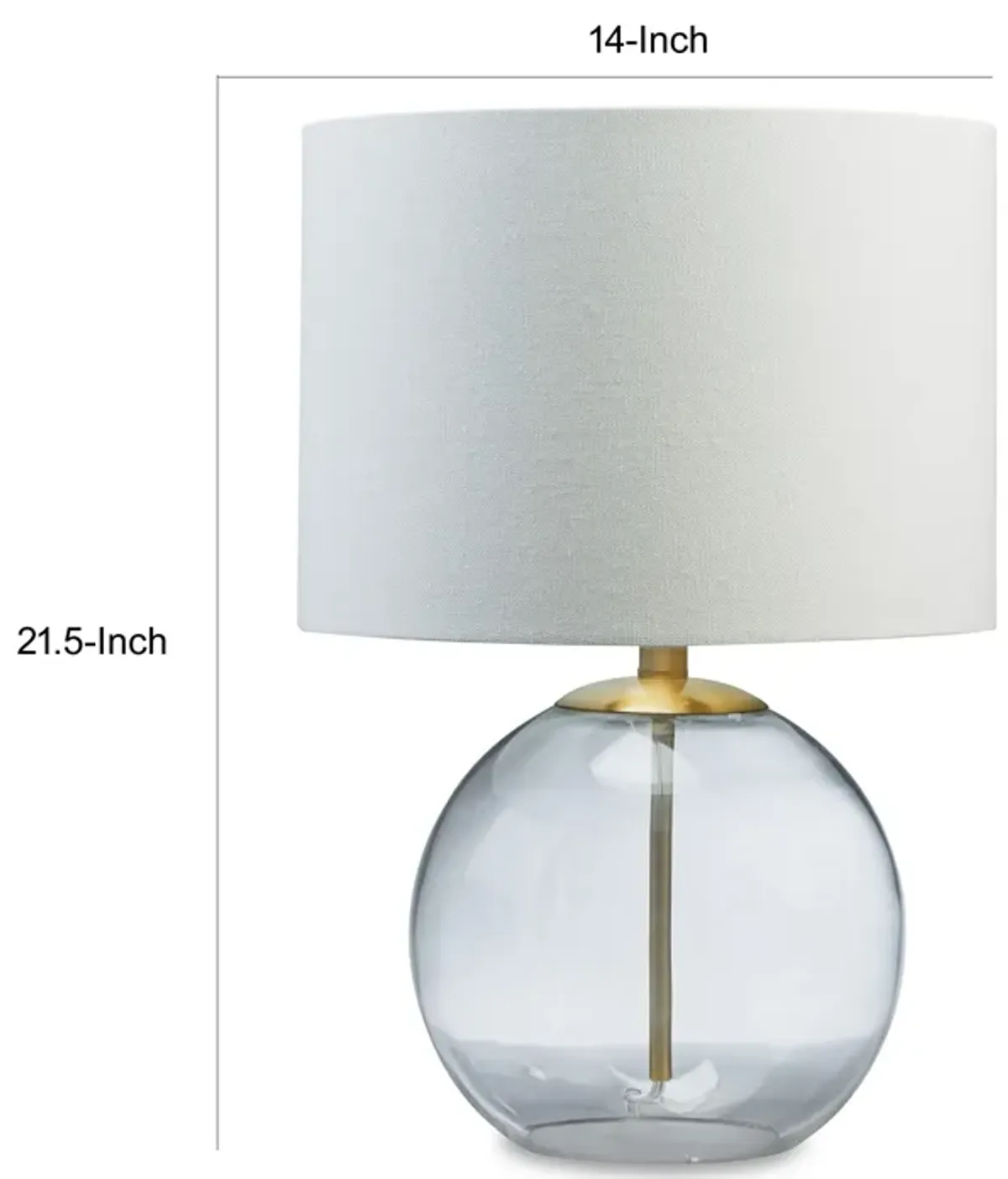 21 Inch Table Lamp, White Drum Shade, Round Clear Glass Base, Brass Metal - Benzara