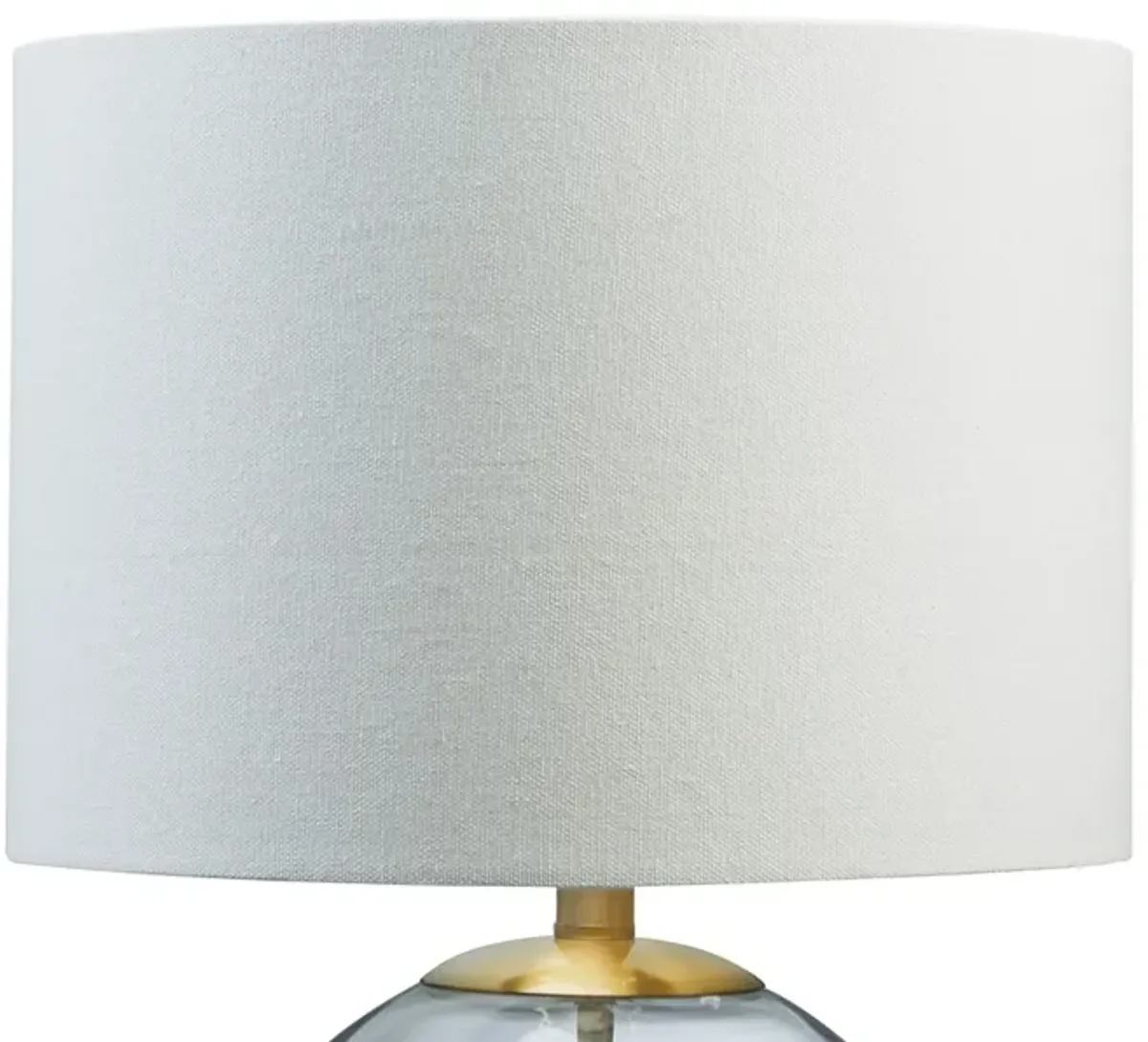 21 Inch Table Lamp, White Drum Shade, Round Clear Glass Base, Brass Metal - Benzara