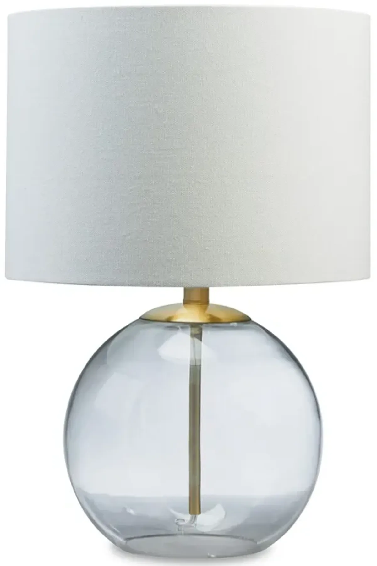 21 Inch Table Lamp, White Drum Shade, Round Clear Glass Base, Brass Metal - Benzara