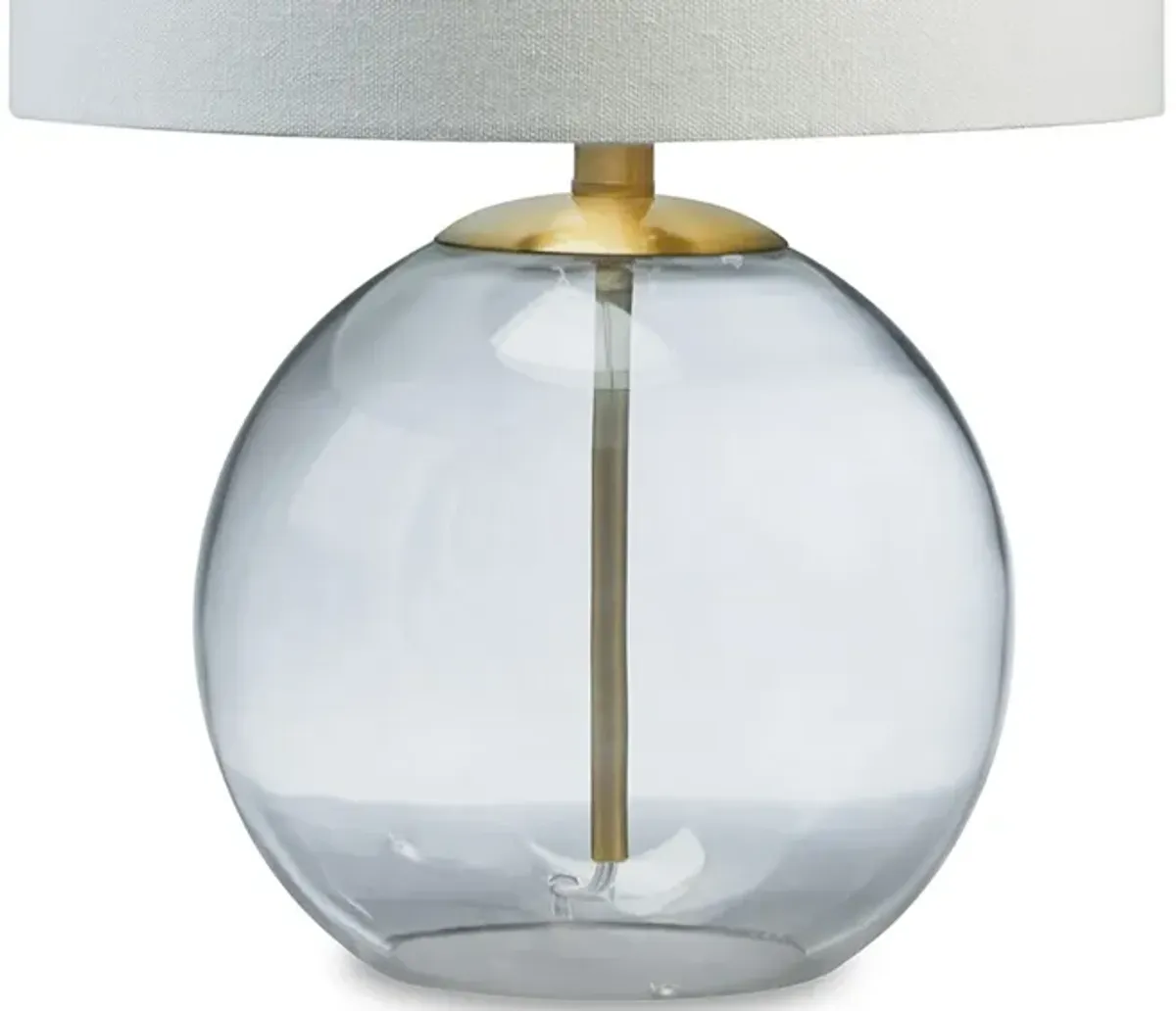 21 Inch Table Lamp, White Drum Shade, Round Clear Glass Base, Brass Metal - Benzara