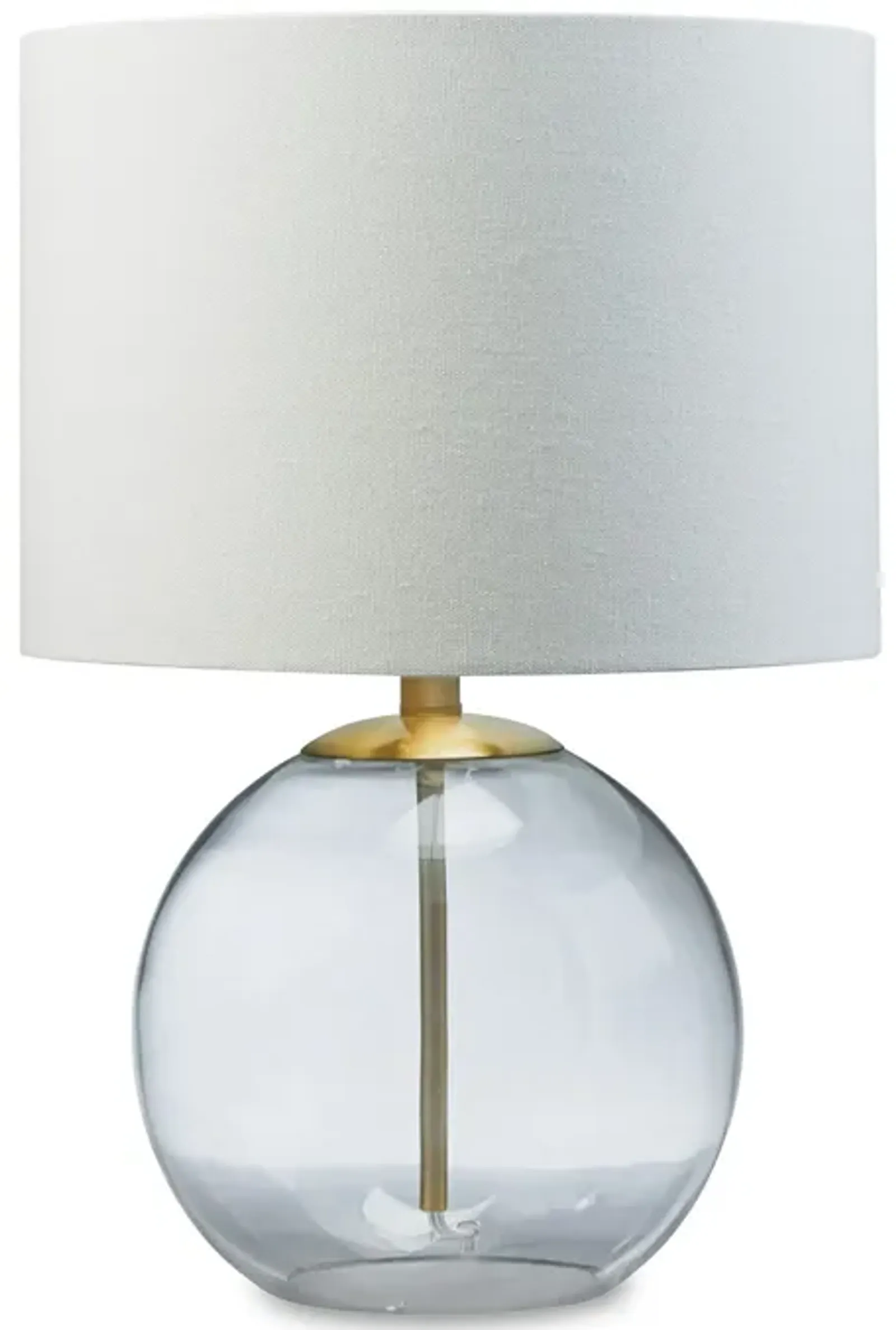 21 Inch Table Lamp, White Drum Shade, Round Clear Glass Base, Brass Metal - Benzara