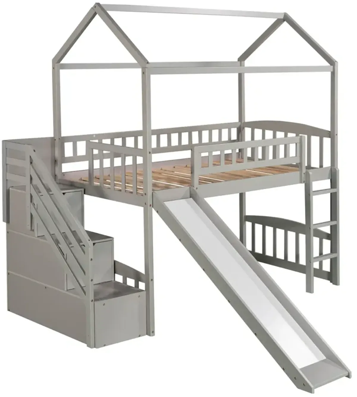 Twin Loft Bed With Two Drawers And Slide, House Bed With Slide