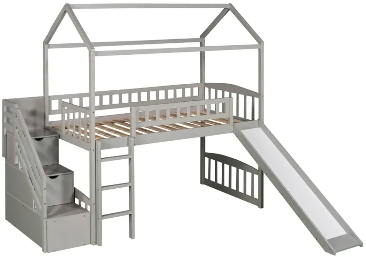 Twin Loft Bed With Two Drawers And Slide, House Bed With Slide