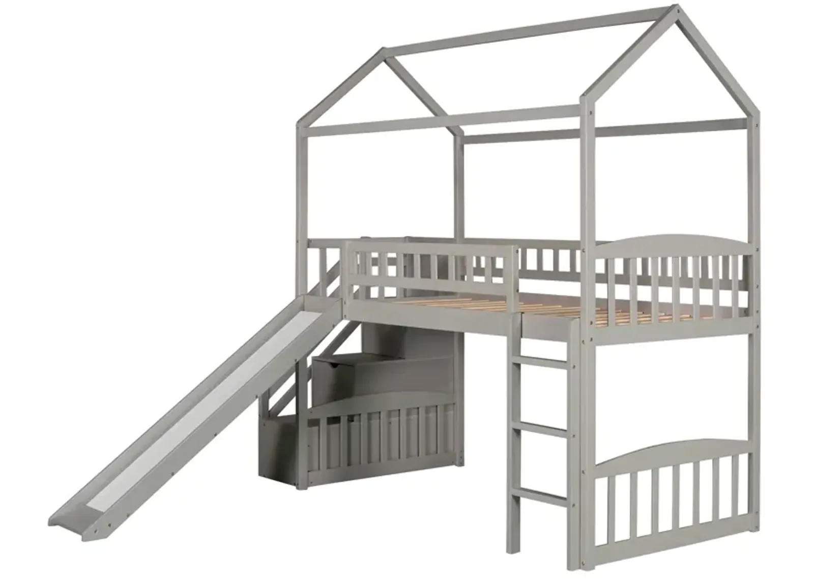 Twin Loft Bed With Two Drawers And Slide, House Bed With Slide