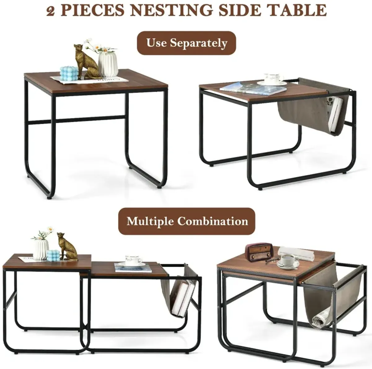 Set of 2 Nesting Coffee Tables with Side Pocket for Living Room Bedroom-Rustic Brown