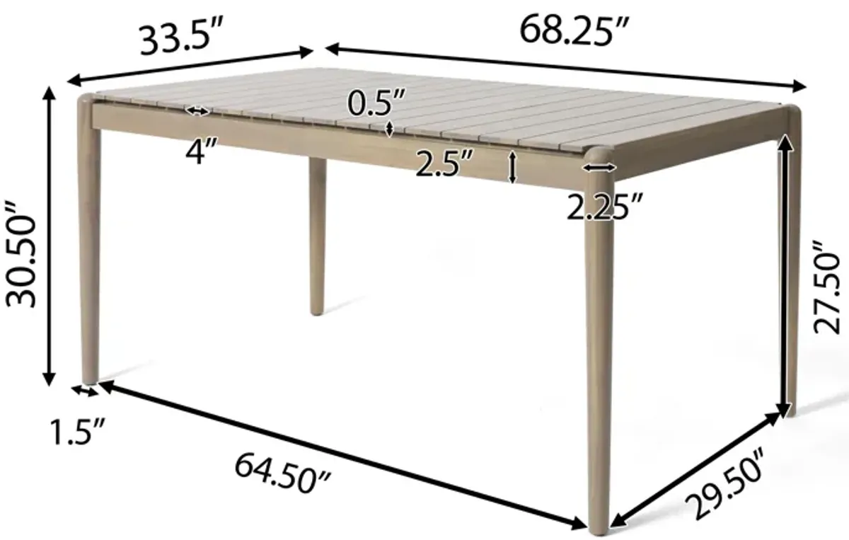 Siaz Dining Table, Rectangular 68 Inch, Slat Panel Design, Light Brown Wood - Benzara