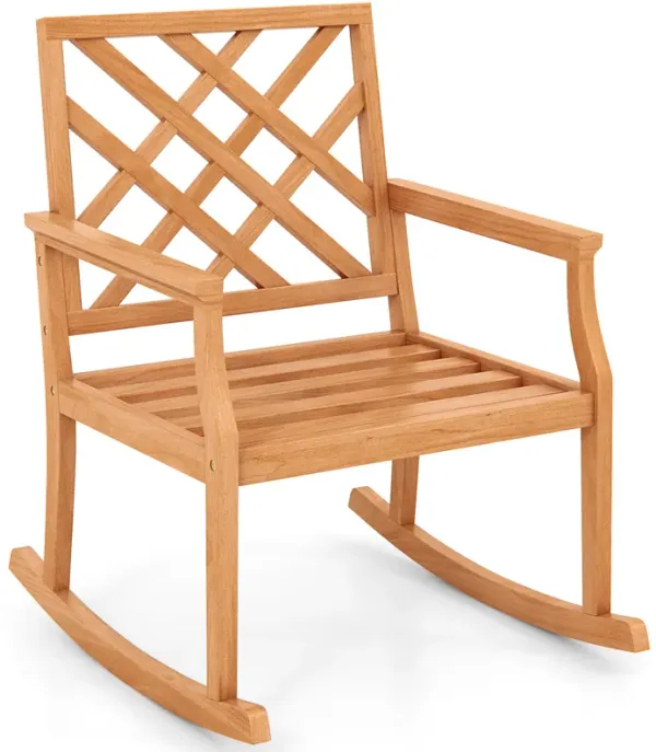 Teak Wood Rocking Chair with Backrest and Slatted Seat