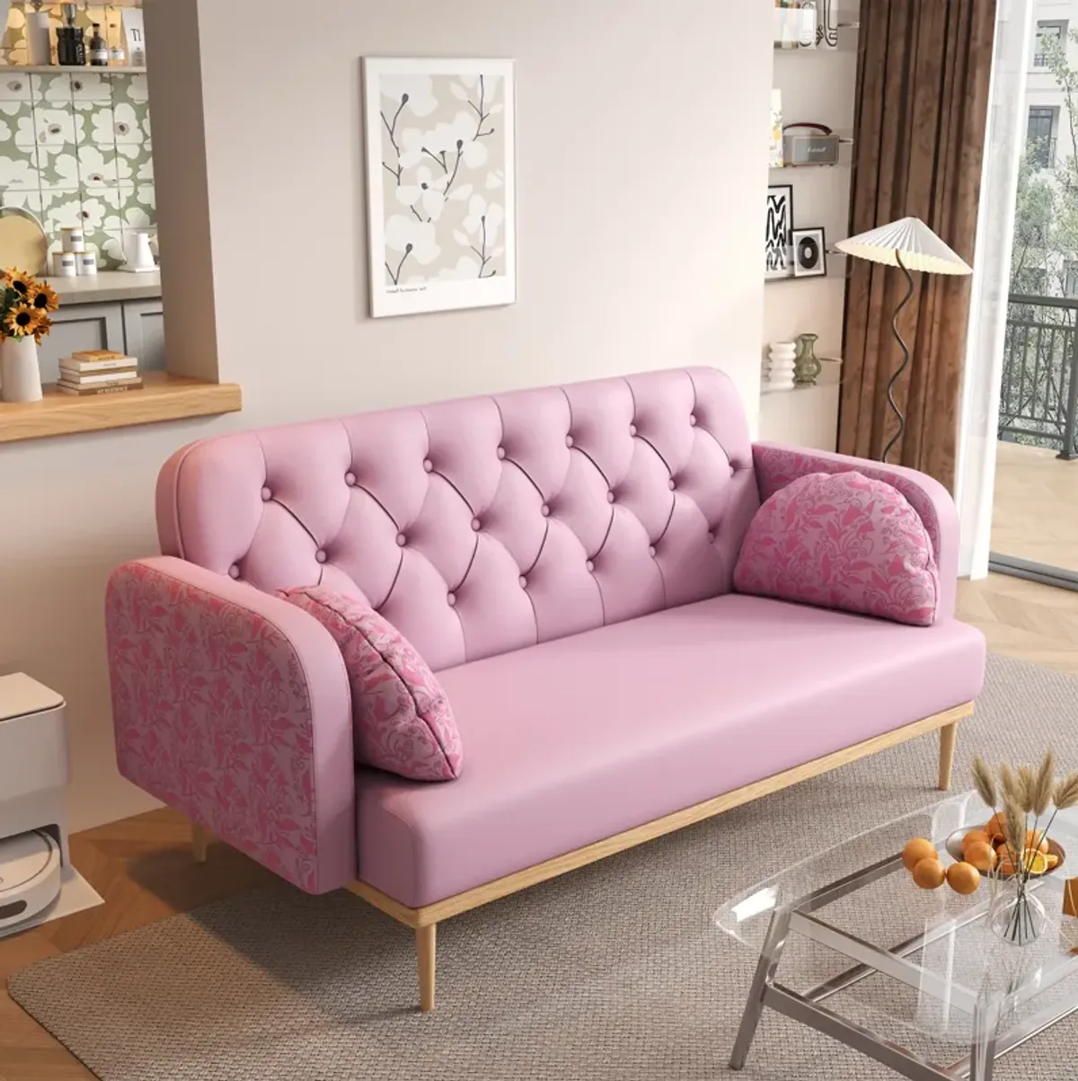 Loveseat sofa with tulip pattern Modern Upholstered Two Seater PU Sofa with 2 dumpling-shaped throw pillows with tulip patterns Light