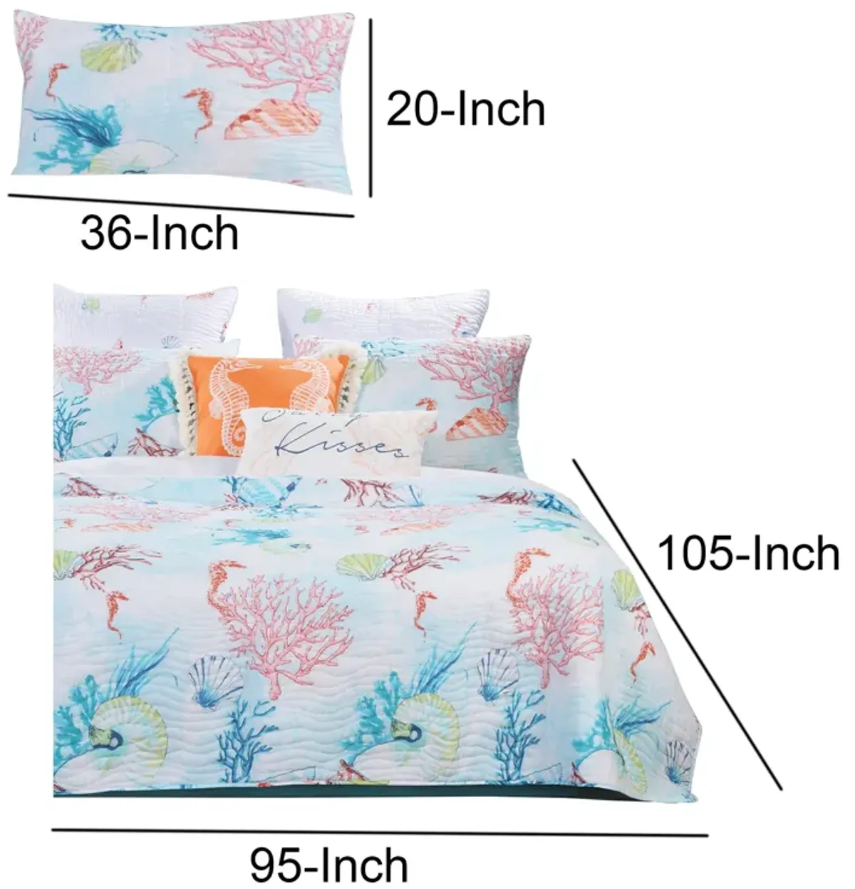 King Size 3 Piece Polyester Quilt Set with Coral Prints, Multicolor - Benzara