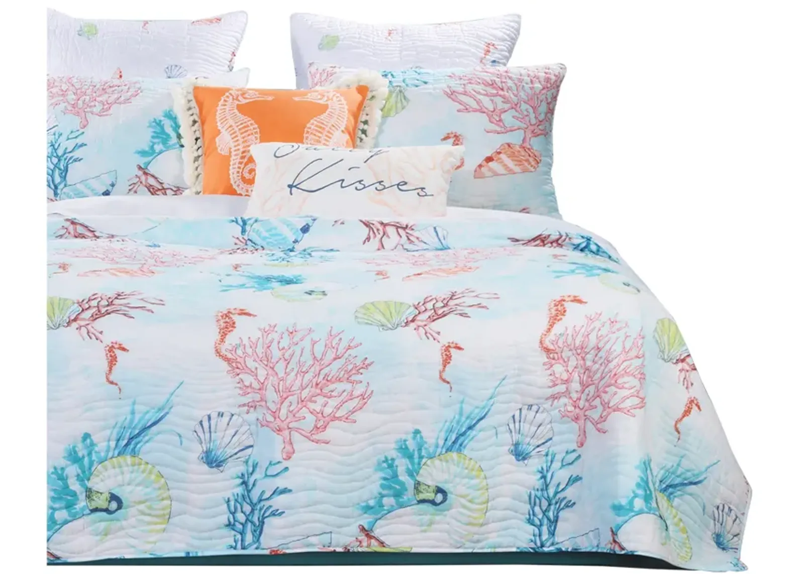 King Size 3 Piece Polyester Quilt Set with Coral Prints, Multicolor - Benzara