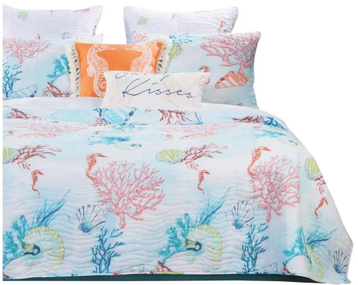 King Size 3 Piece Polyester Quilt Set with Coral Prints, Multicolor - Benzara