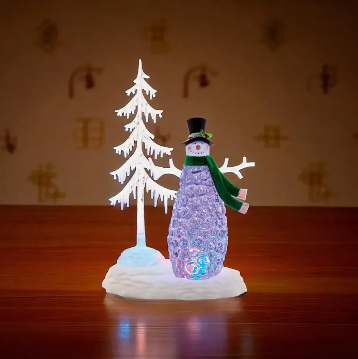Snowman with Pine Tree Christmas Decoration – LED Multicolored Light-Up Tabletop Holiday Figure