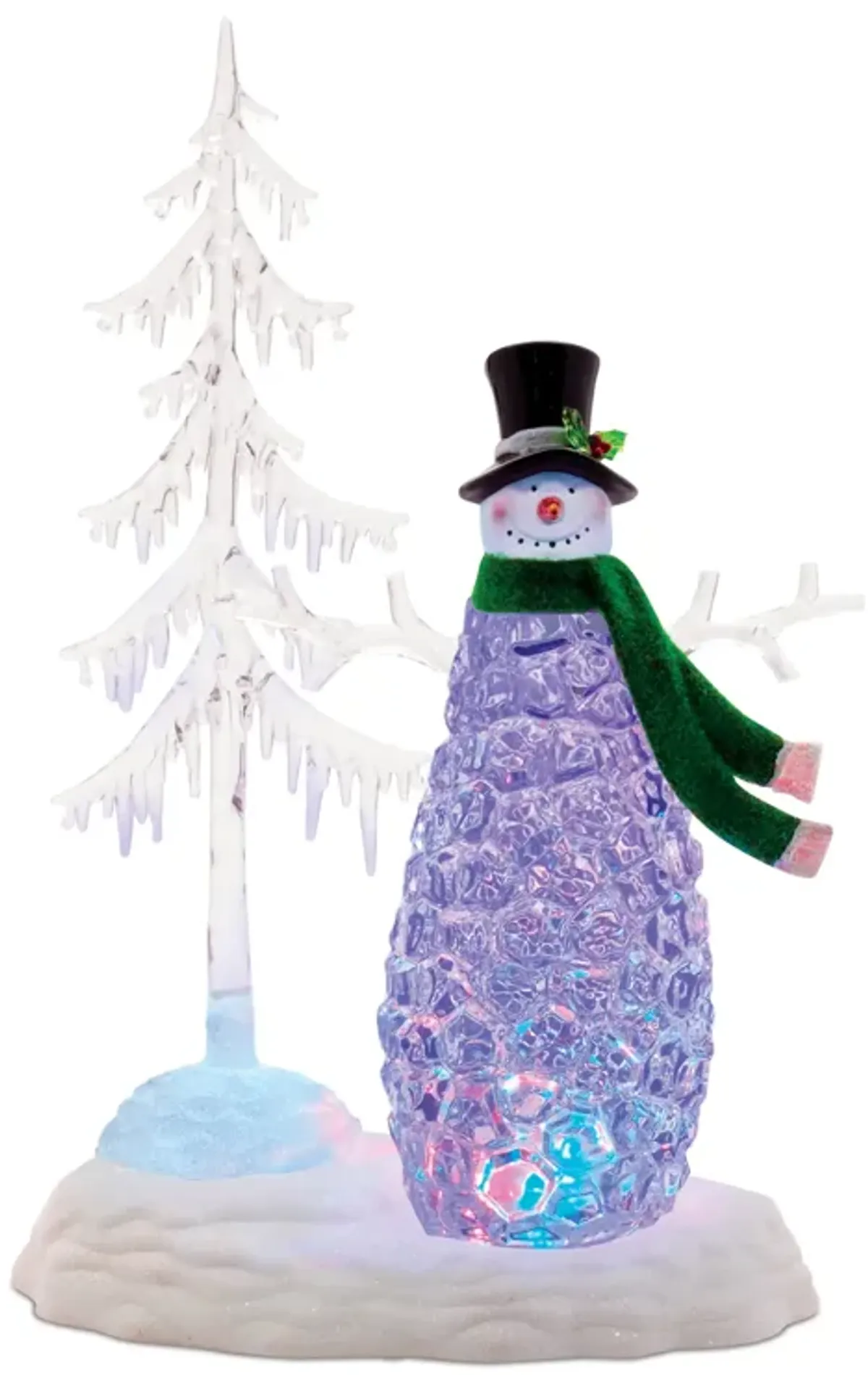 Snowman with Pine Tree Christmas Decoration – LED Multicolored Light-Up Tabletop Holiday Figure