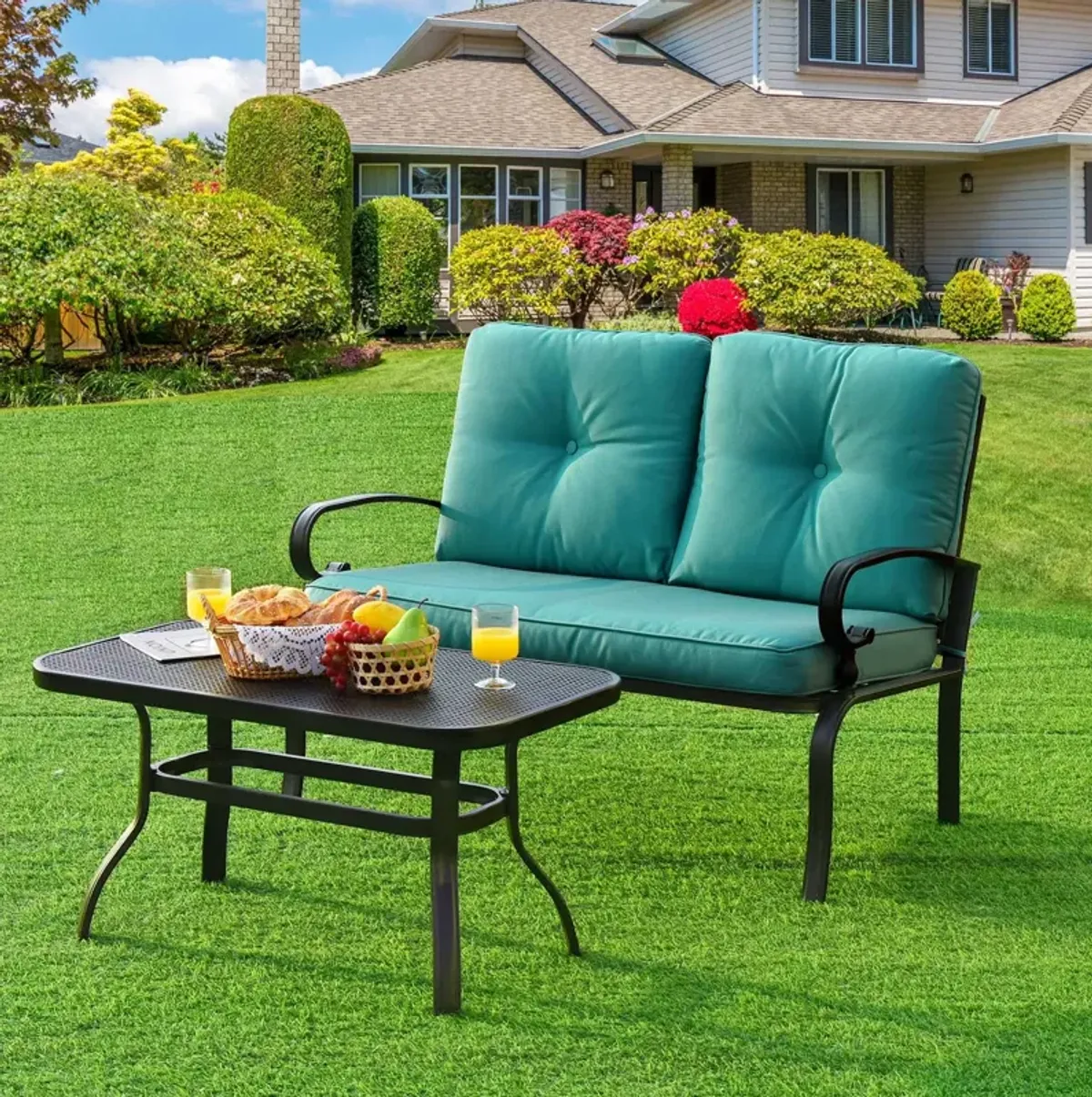 2PCS Patio Loveseat Bench Table Furniture Set with Cushioned Chair