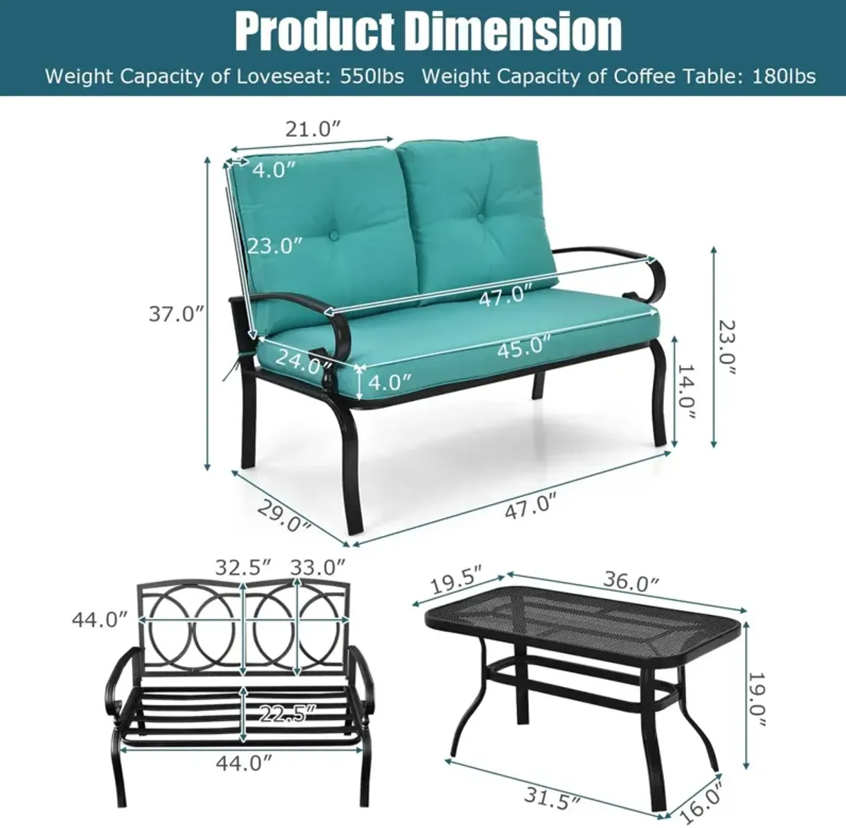 2PCS Patio Loveseat Bench Table Furniture Set with Cushioned Chair