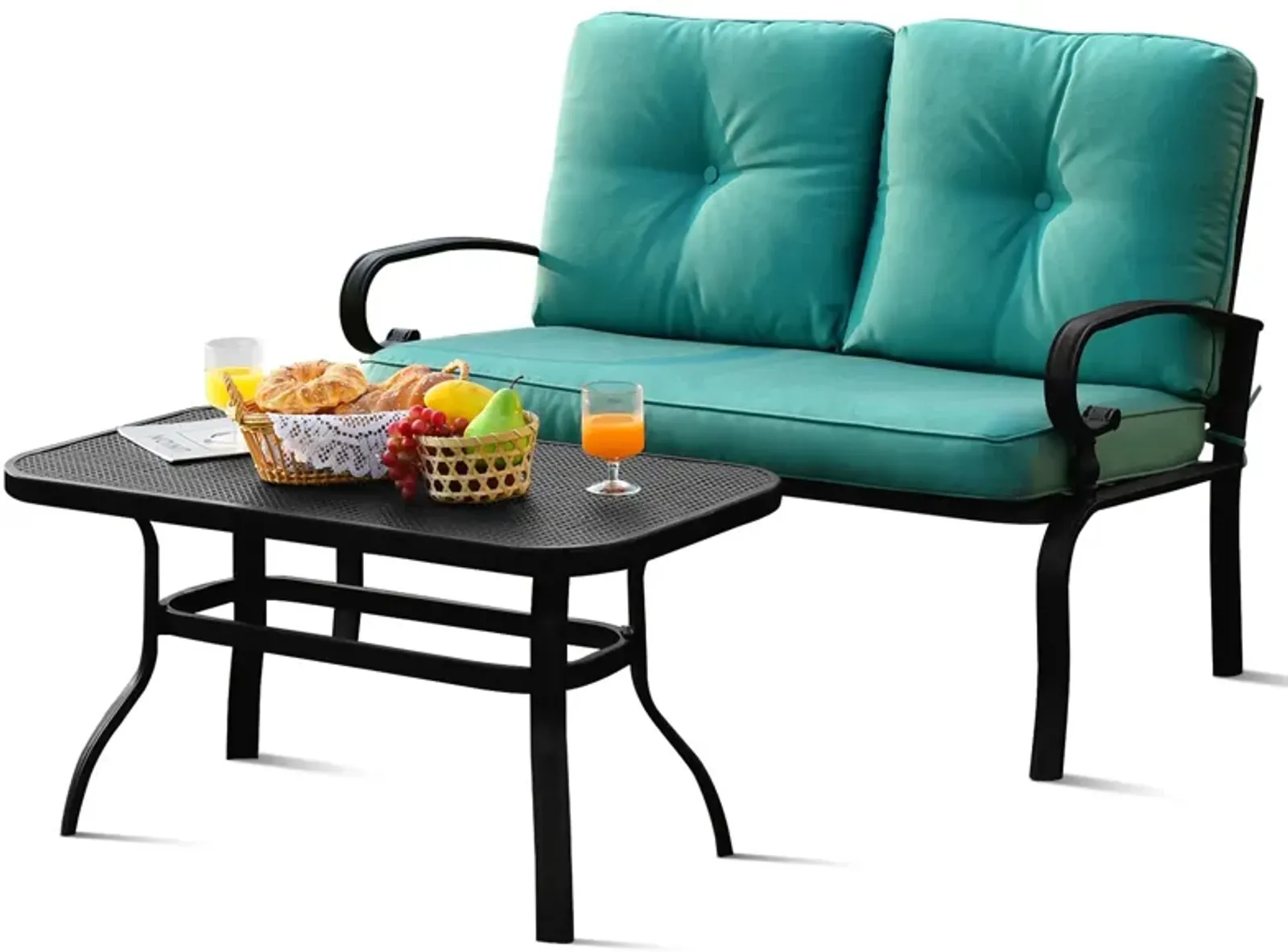 2PCS Patio Loveseat Bench Table Furniture Set with Cushioned Chair