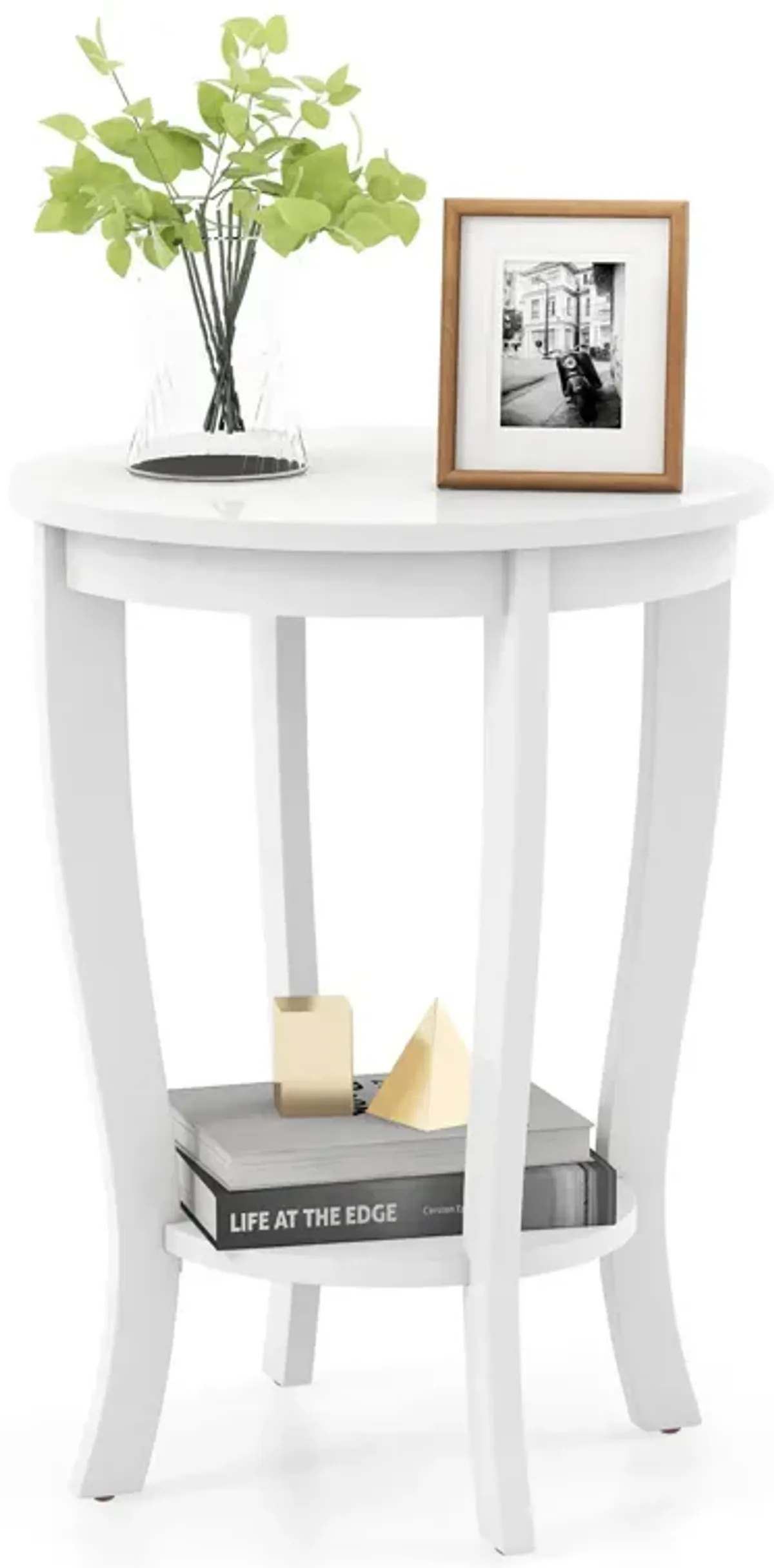 2-tier Round End Table with Solid Wood Legs