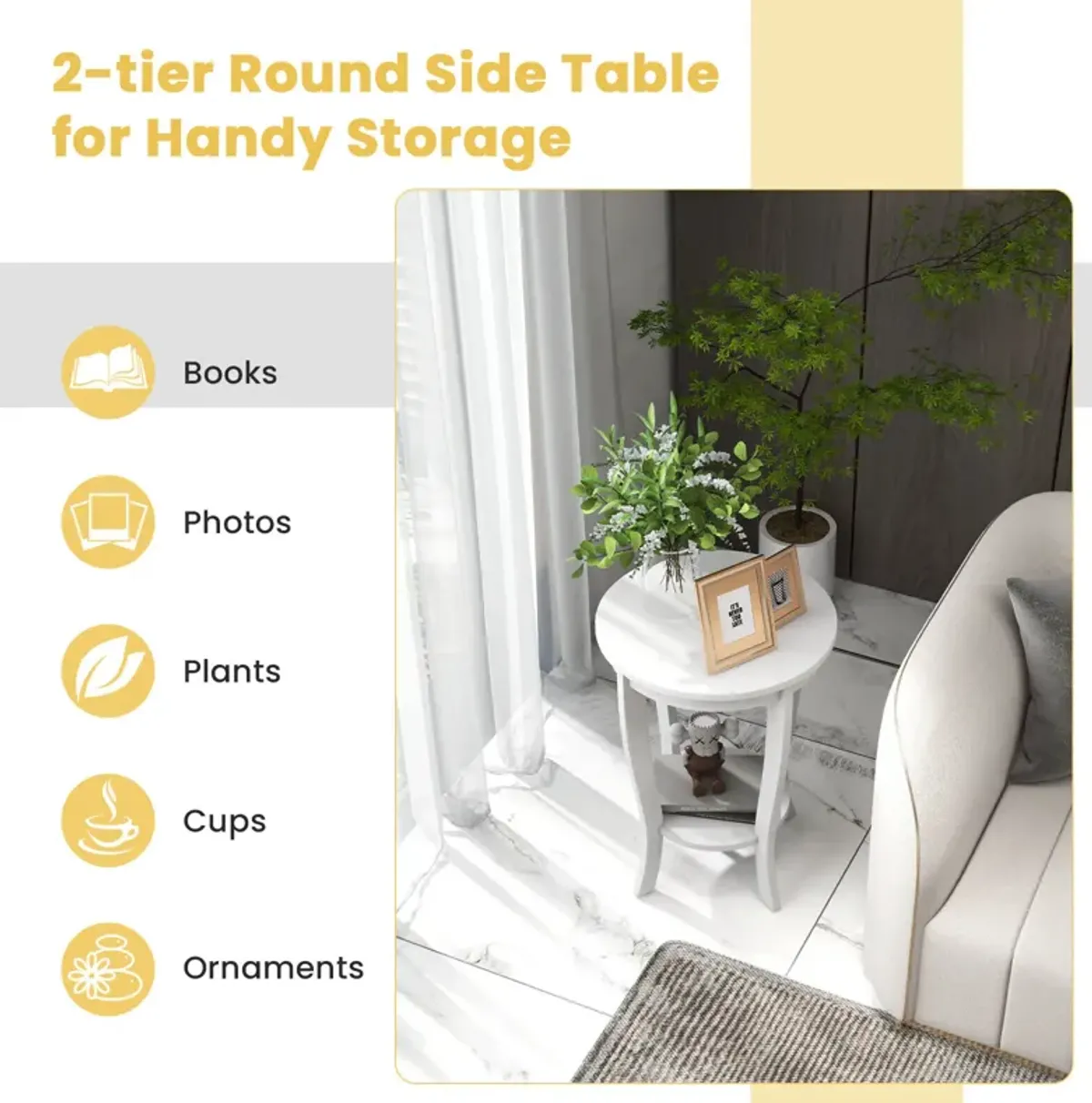 2-tier Round End Table with Solid Wood Legs