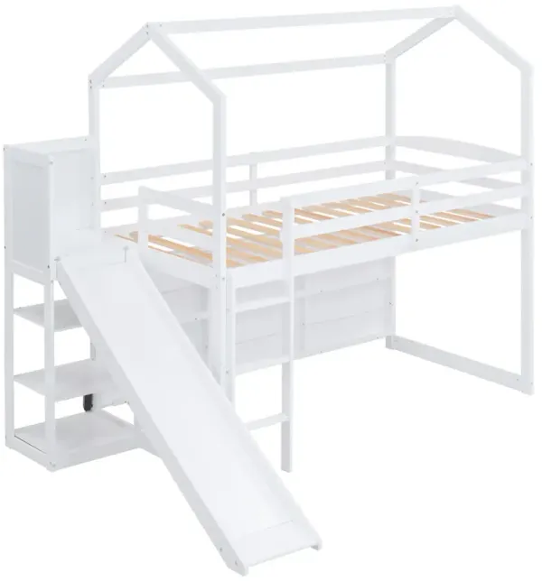 Whisen Twin Size Wood House Loft bed with Slide, Storage shelves and Light - White