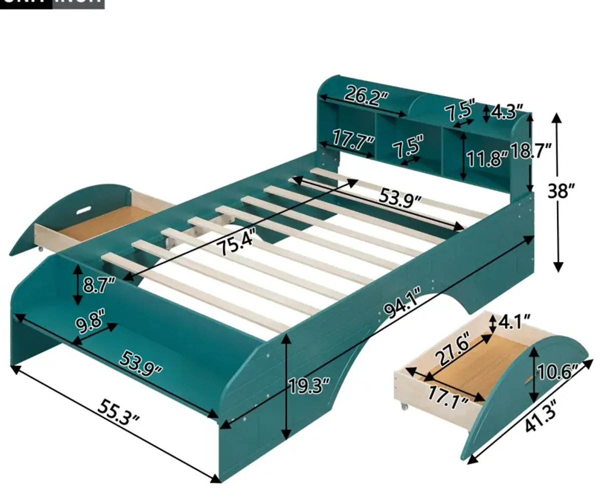 Wood Full Size Platform Bed With 2 Drawers, Storage Headboard And Footboard