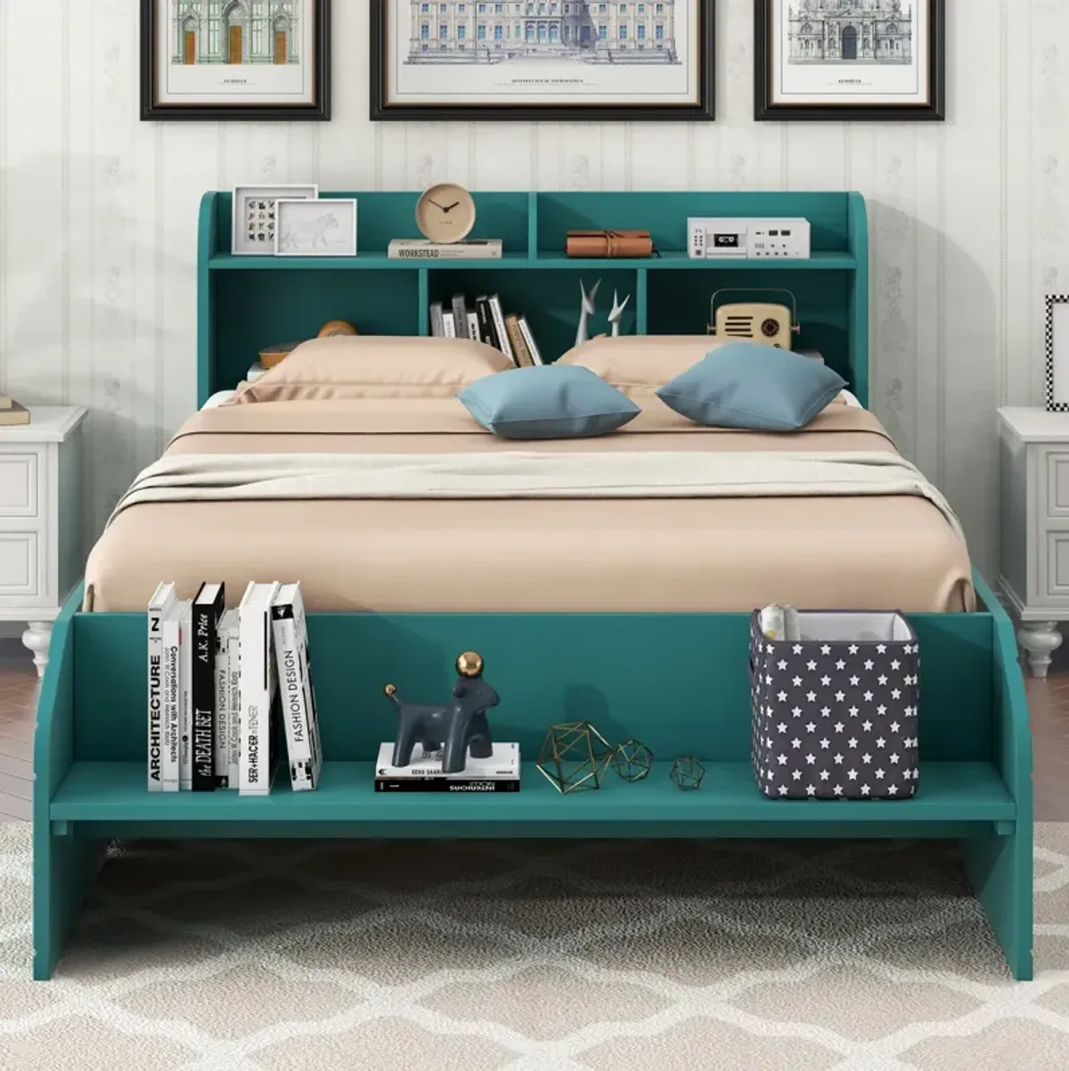 Wood Full Size Platform Bed With 2 Drawers, Storage Headboard And Footboard