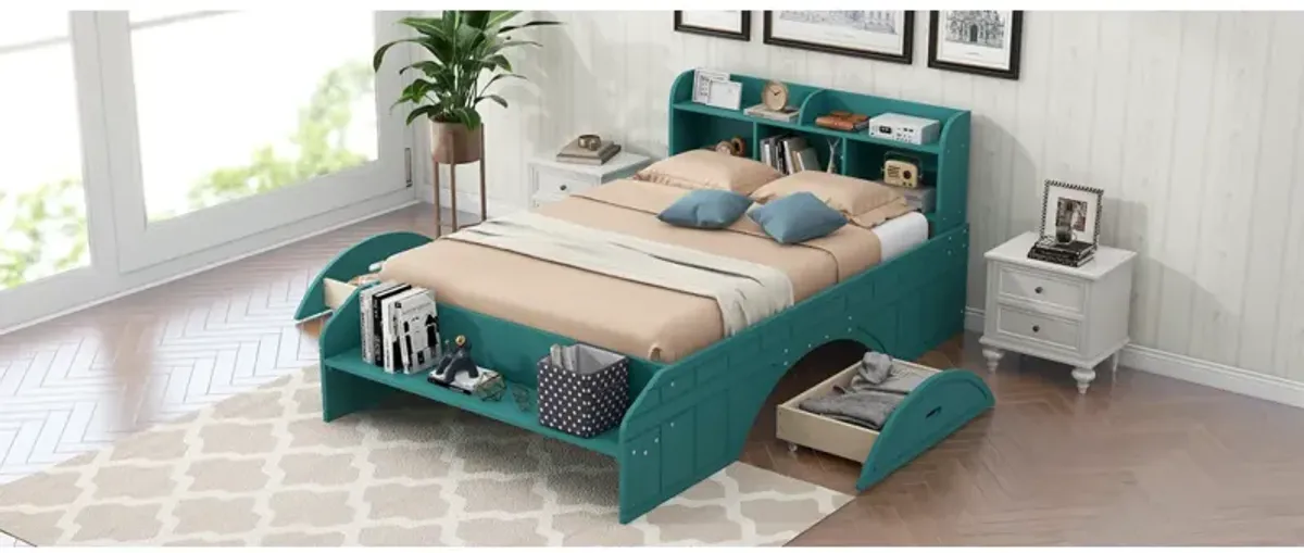 Wood Full Size Platform Bed With 2 Drawers, Storage Headboard And Footboard