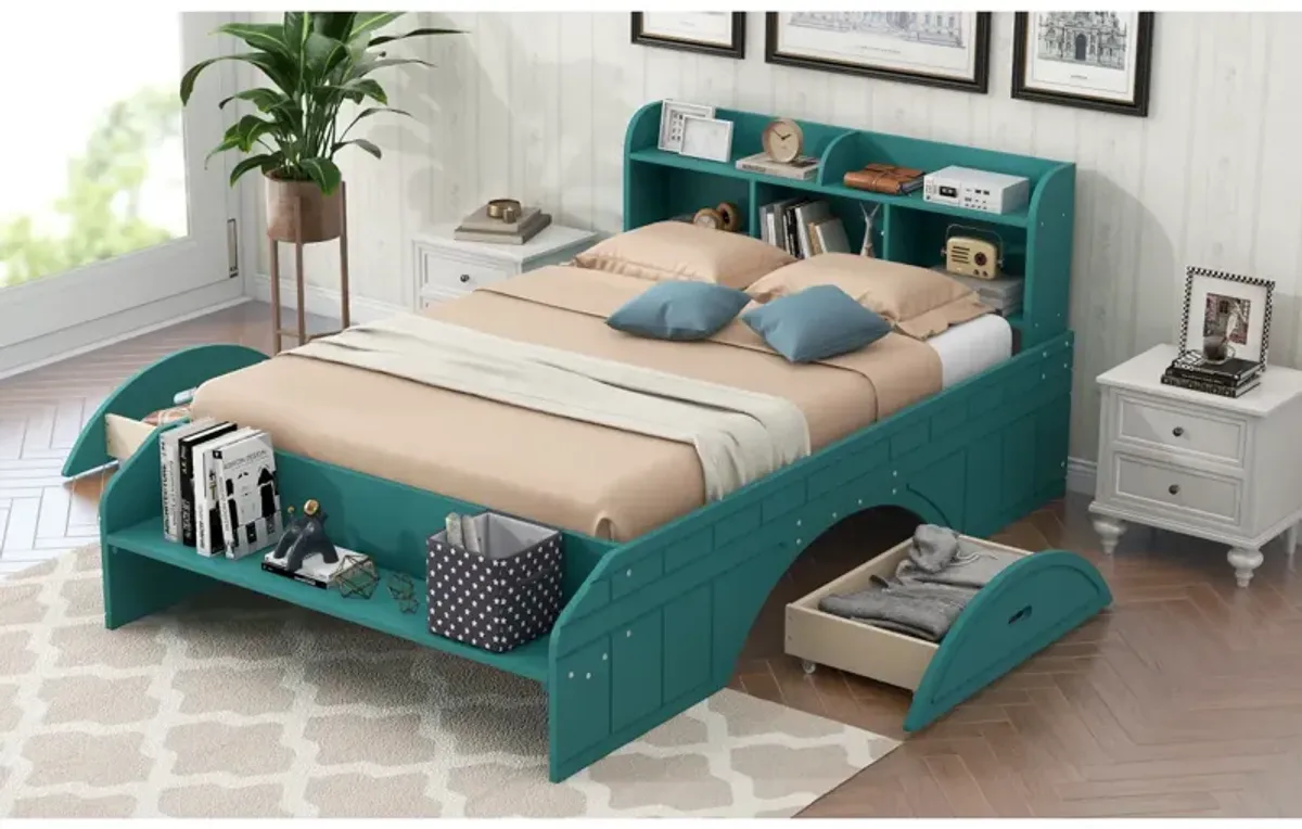 Wood Full Size Platform Bed With 2 Drawers, Storage Headboard And Footboard