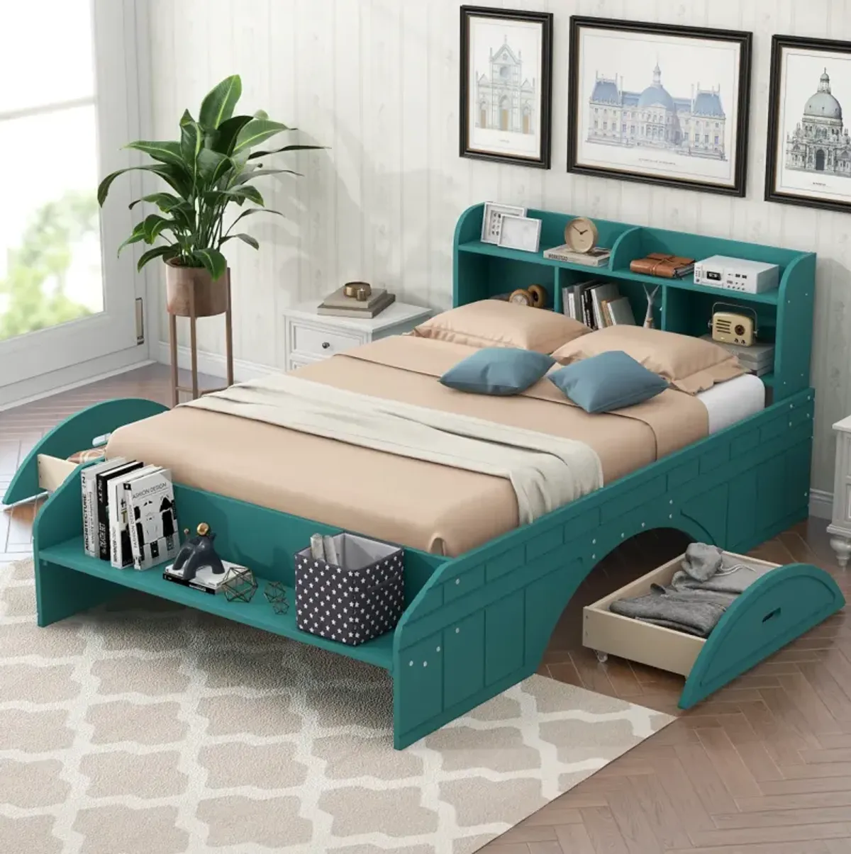 Wood Full Size Platform Bed With 2 Drawers, Storage Headboard And Footboard