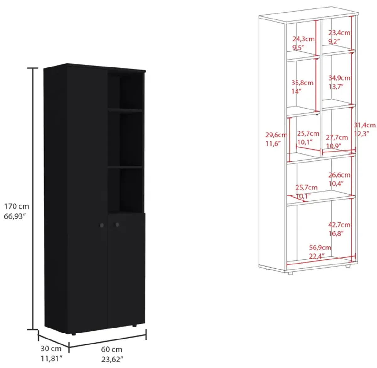 Konik 67-Inch High Storage Cabinet Kitchen Pantry With Three Doors and and Three Exterior Shelves