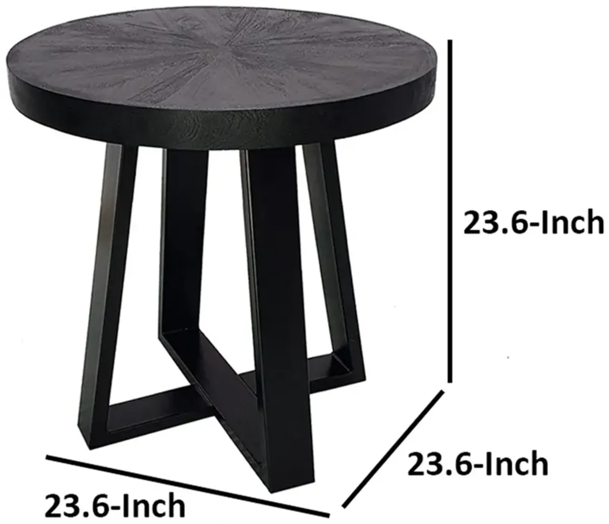 Benjara Raj 24 Inch Round Side End Table, Cross Legs Design, Black Acacia Wood Iron