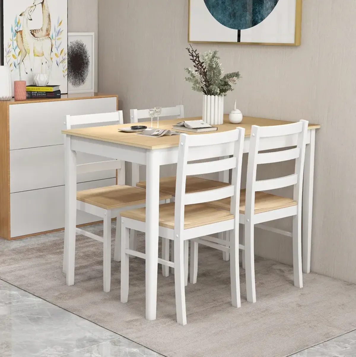 Wooden Dining Set with Rectangular Table and 4 Chairs – 5 Pieces
