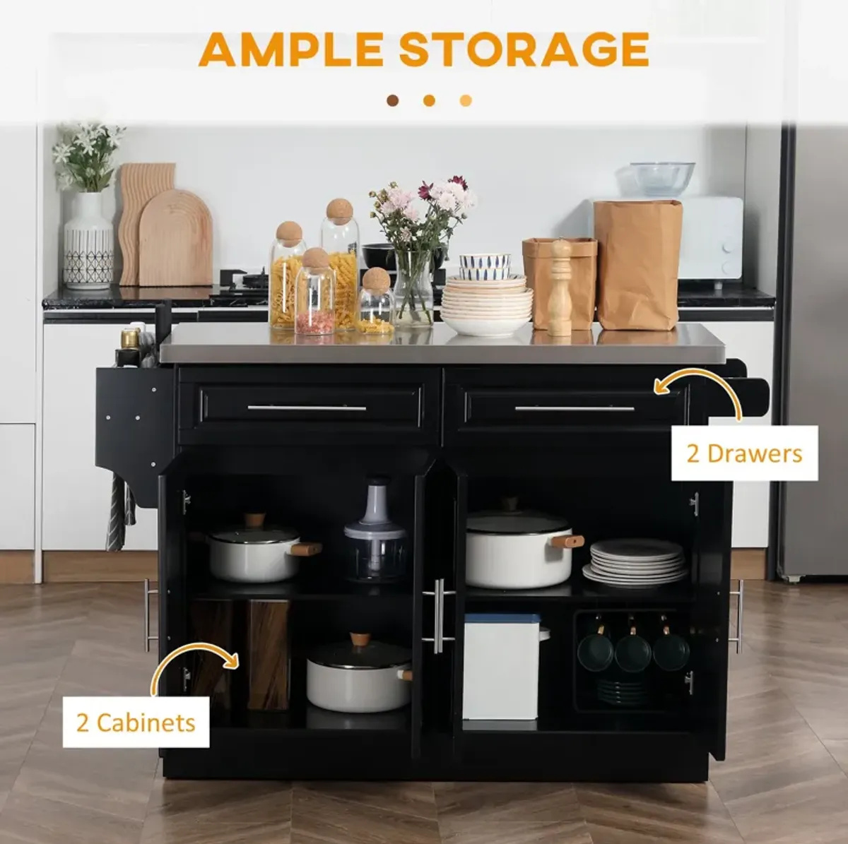 Black Kitchen Island: Portable Cart with Storage and Spice Rack