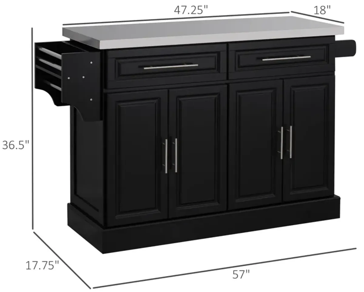 Black Kitchen Island: Portable Cart with Storage and Spice Rack