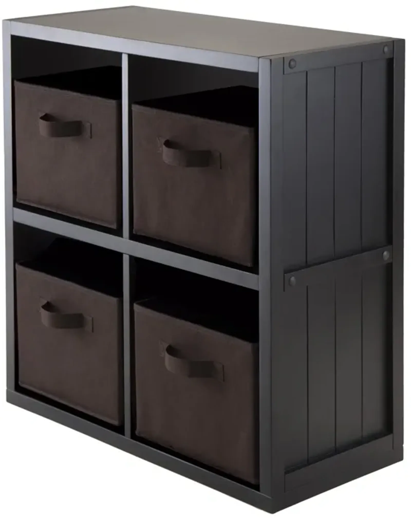 Timothy 5-Pc 2x2 Storage Shelf with 4 Foldable Fabric Baskets, Black and Chocolate