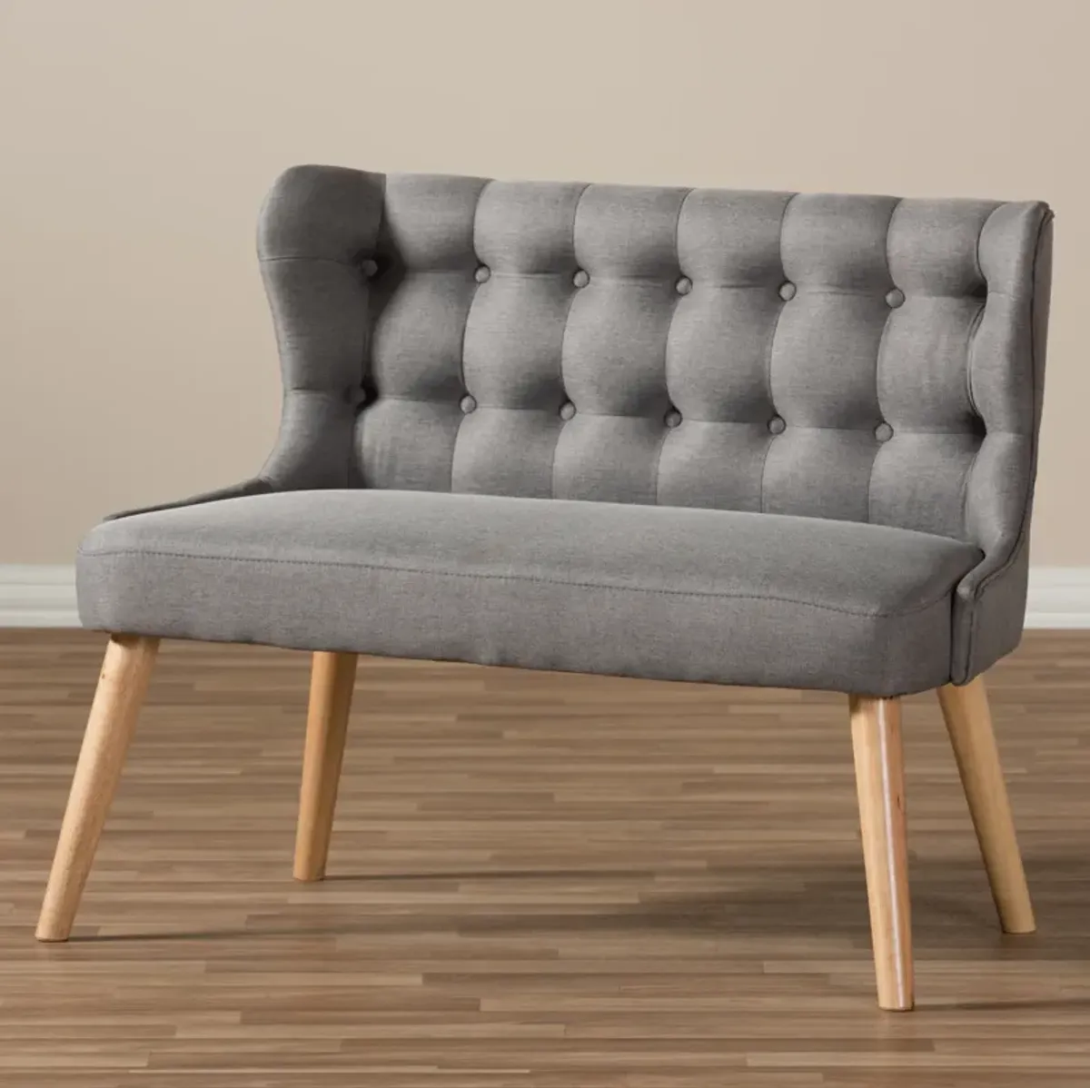 Baxton Studio Melody Mid Century Grey Fabric And Natural Wood Finishing Settee Bench