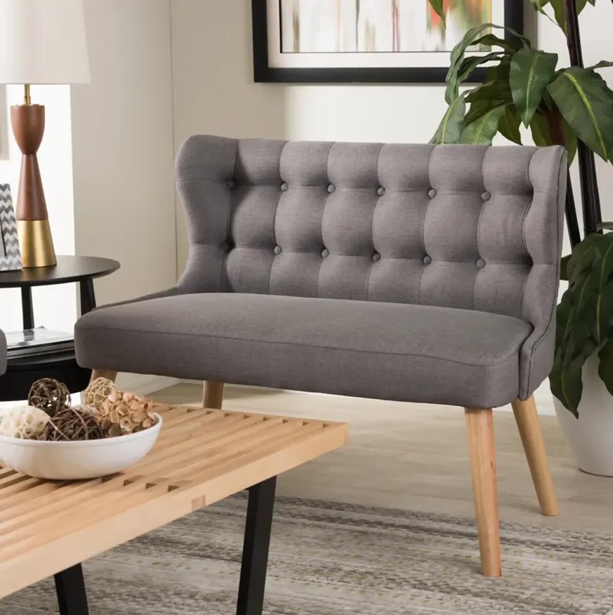 Baxton Studio Melody Mid Century Grey Fabric And Natural Wood Finishing Settee Bench