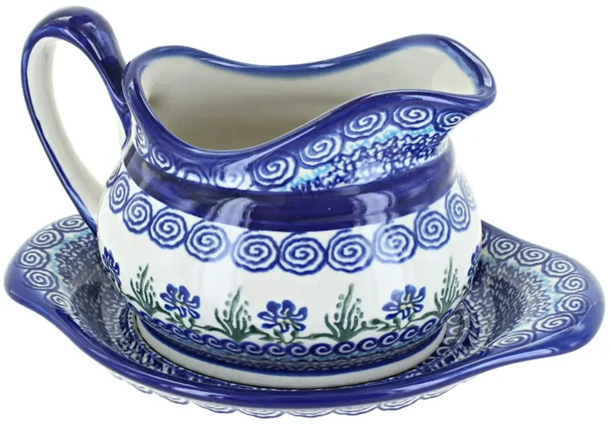 Blue Rose Polish Pottery Garden Butterfly Gravy Boat & Plate