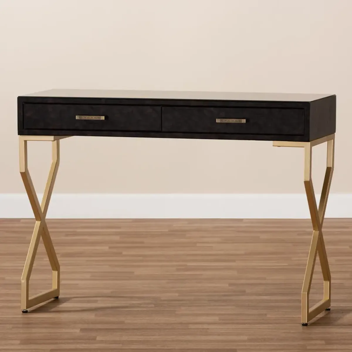 Baxton Studio Carville Modern and Contemporary Dark Brown Faux Leather Upholstered Gold Finished 2-Drawer Console Table