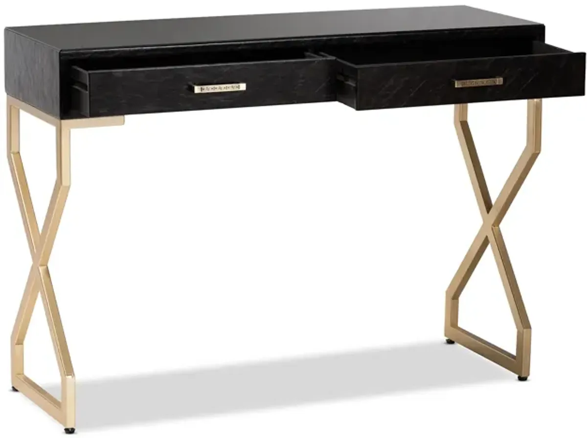 Baxton Studio Carville Modern and Contemporary Dark Brown Faux Leather Upholstered Gold Finished 2-Drawer Console Table