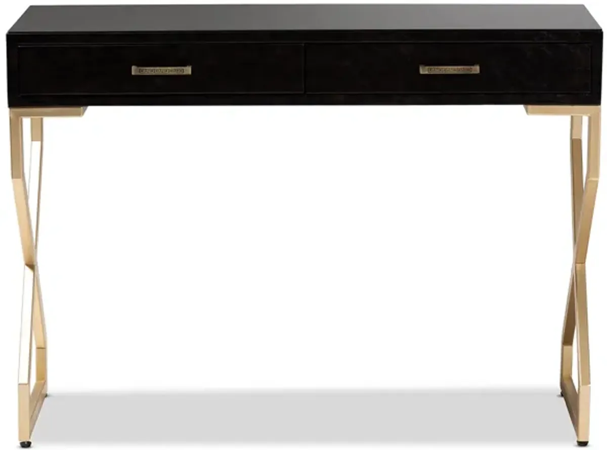 Baxton Studio Carville Modern and Contemporary Dark Brown Faux Leather Upholstered Gold Finished 2-Drawer Console Table