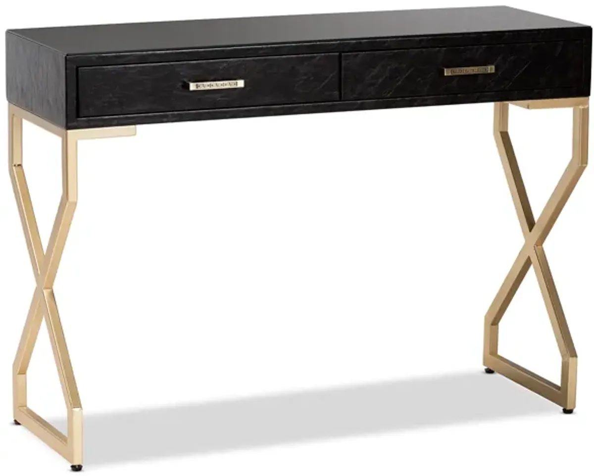 Baxton Studio Carville Modern and Contemporary Dark Brown Faux Leather Upholstered Gold Finished 2-Drawer Console Table