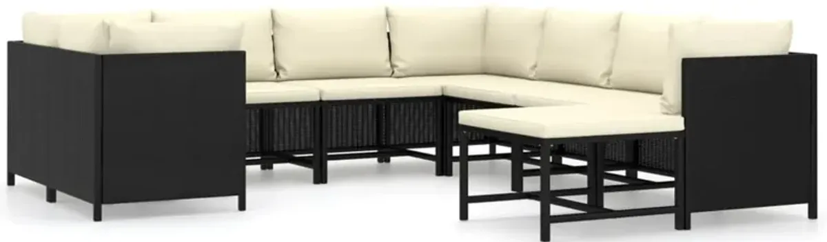 Reno 9pc Outdoor Modular Sofa Set, Ivory Fabric Cushions, Black Rattan - Benzara