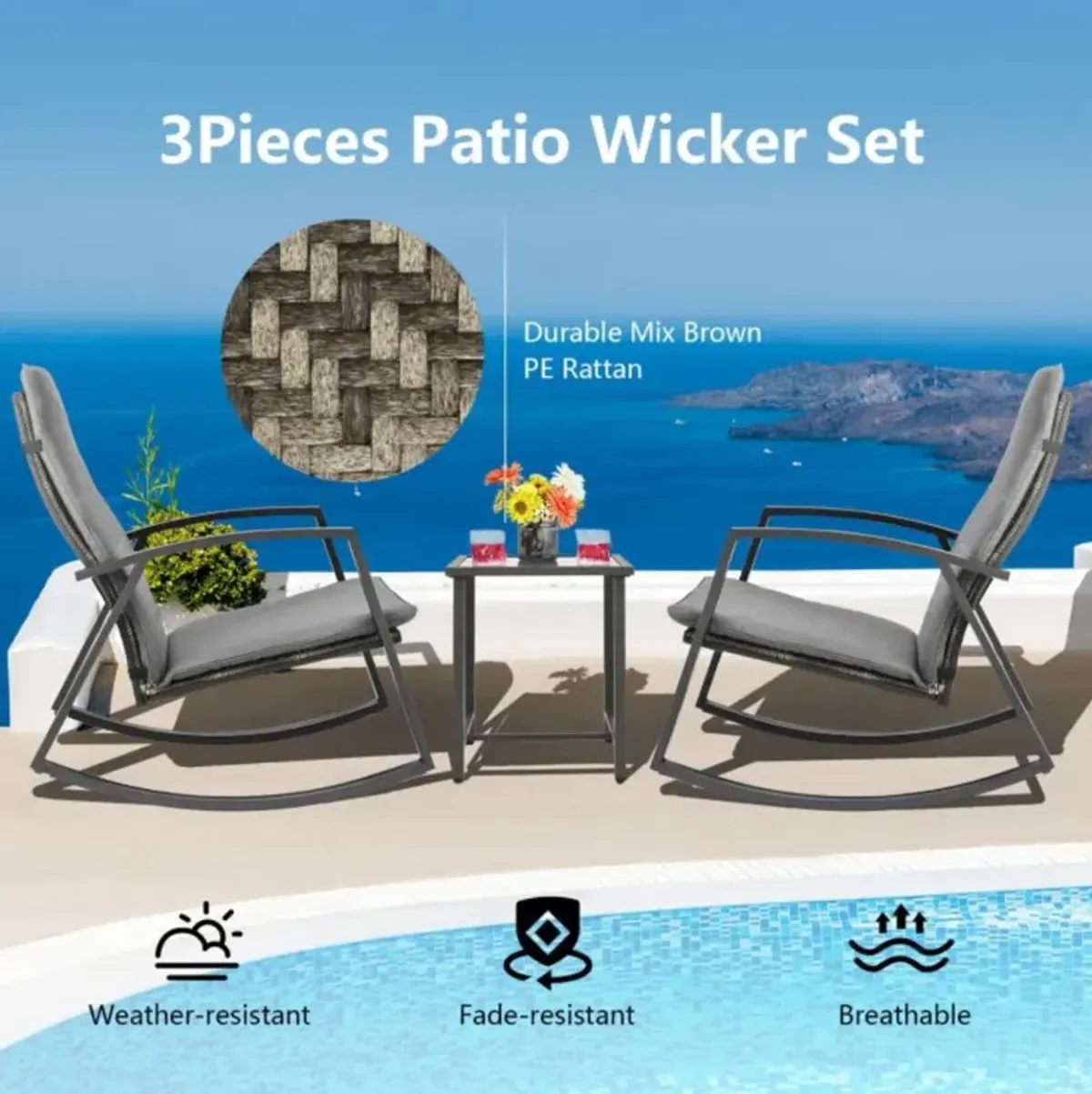 Hivvago 3 Pieces Patio Rattan Rocking Furniture Set