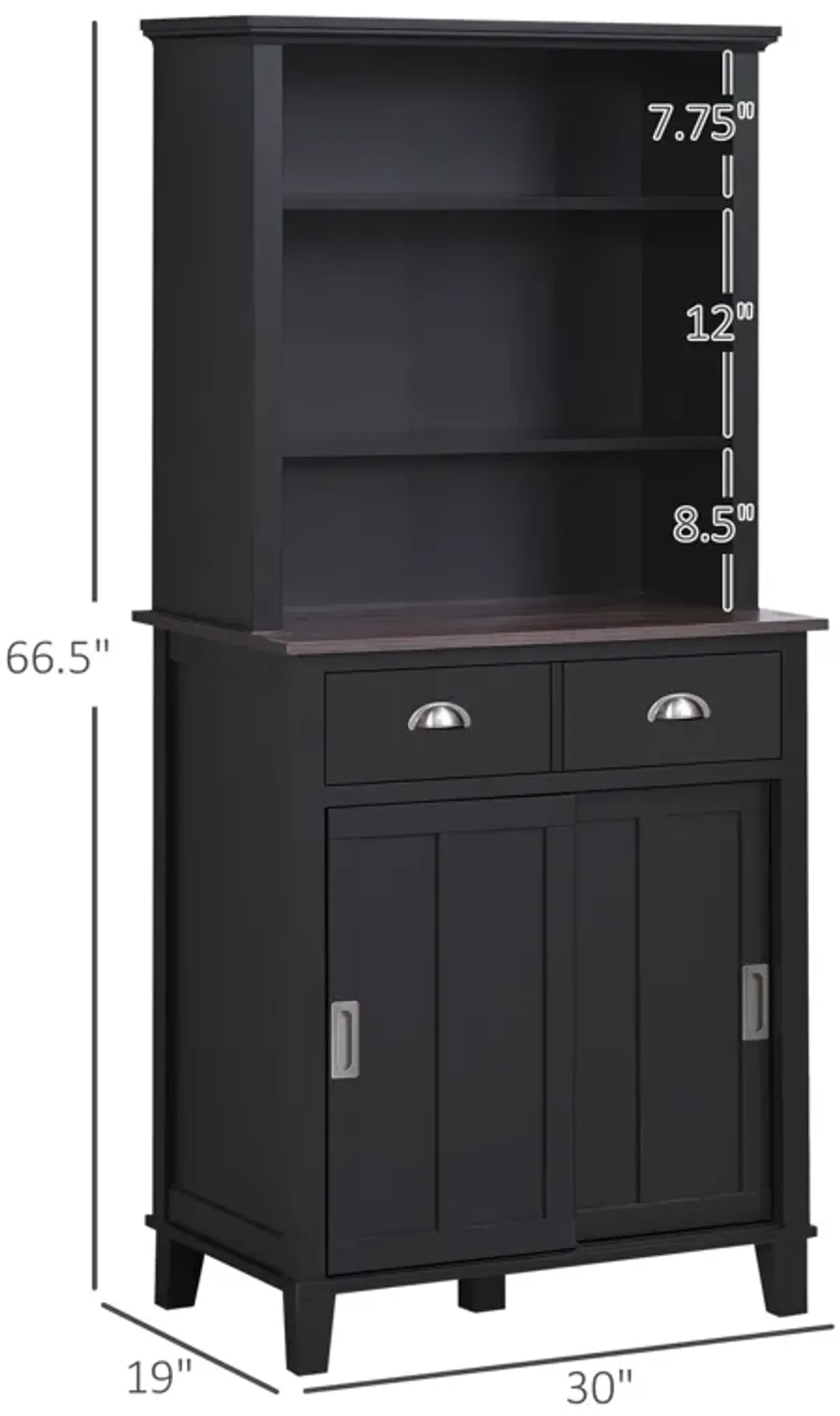 Black Kitchen Organizer: Pantry Cabinet with Sliding Doors and Drawers