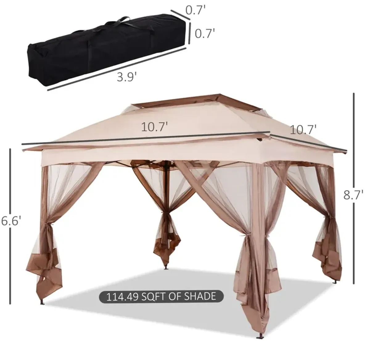 Khaki Event Shelter: 11'x11' Pop-Up Gazebo with 2-Tier Top & Netting