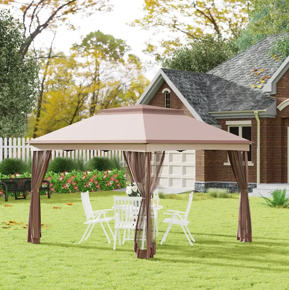 Khaki Event Shelter: 11'x11' Pop-Up Gazebo with 2-Tier Top & Netting