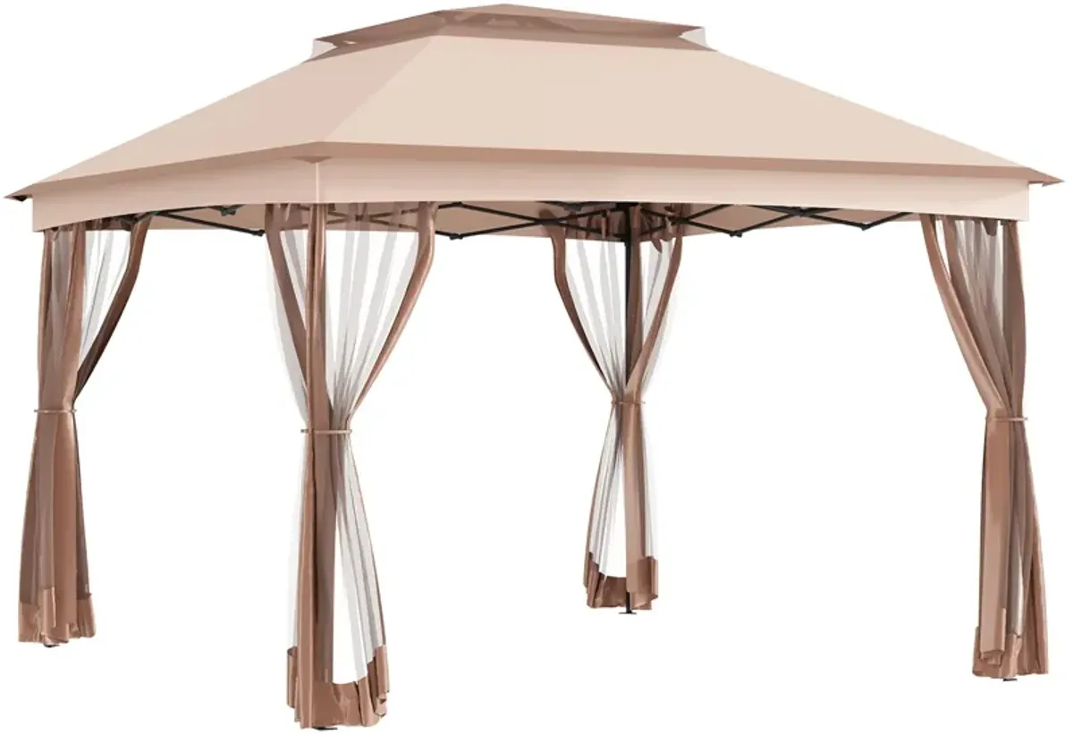 Khaki Event Shelter: 11'x11' Pop-Up Gazebo with 2-Tier Top & Netting