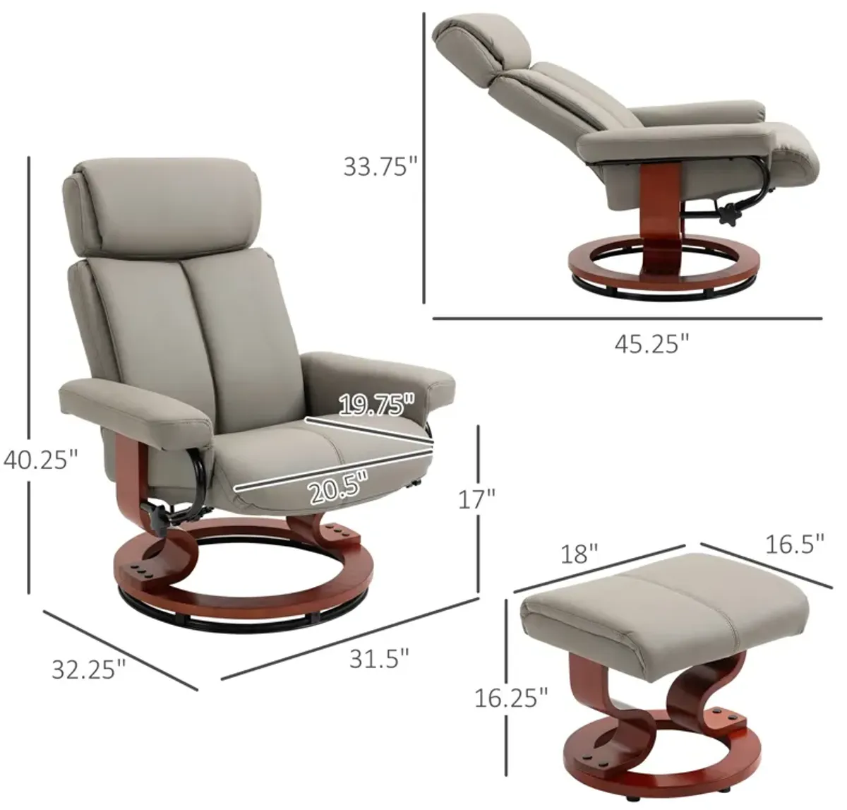 Grey Living Room Comfort: Swivel Recliner Chair with Ottoman