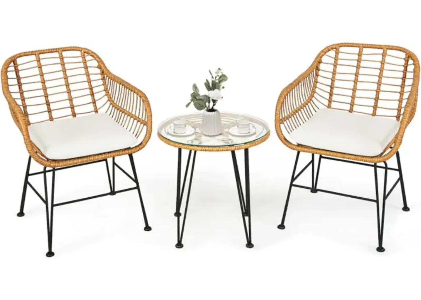 Hivvago 3 Pieces Rattan Furniture Set with Cushioned Chair Table