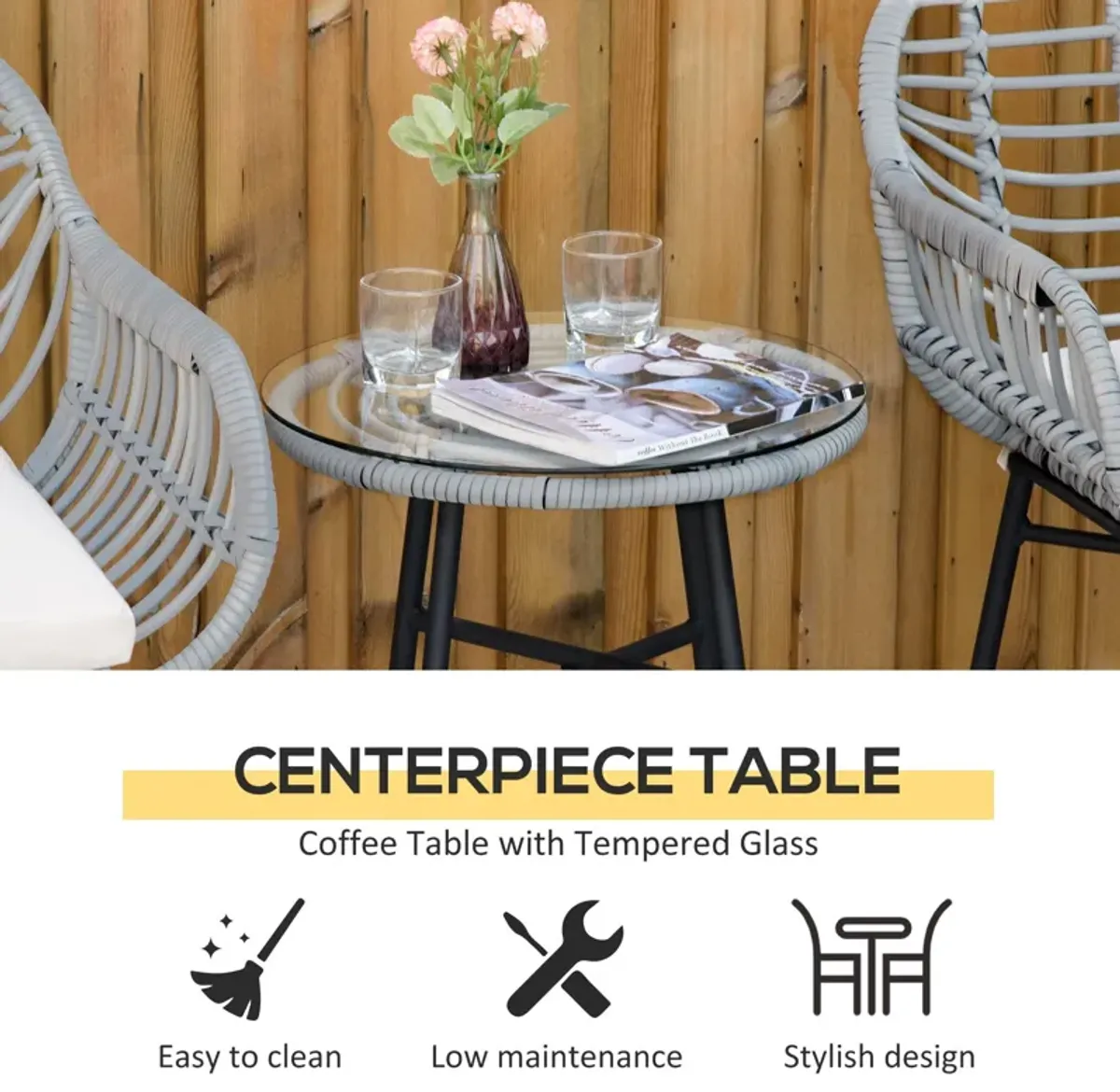 Cream White Bistro Set: 3-Piece PE Rattan Furniture with Cushions